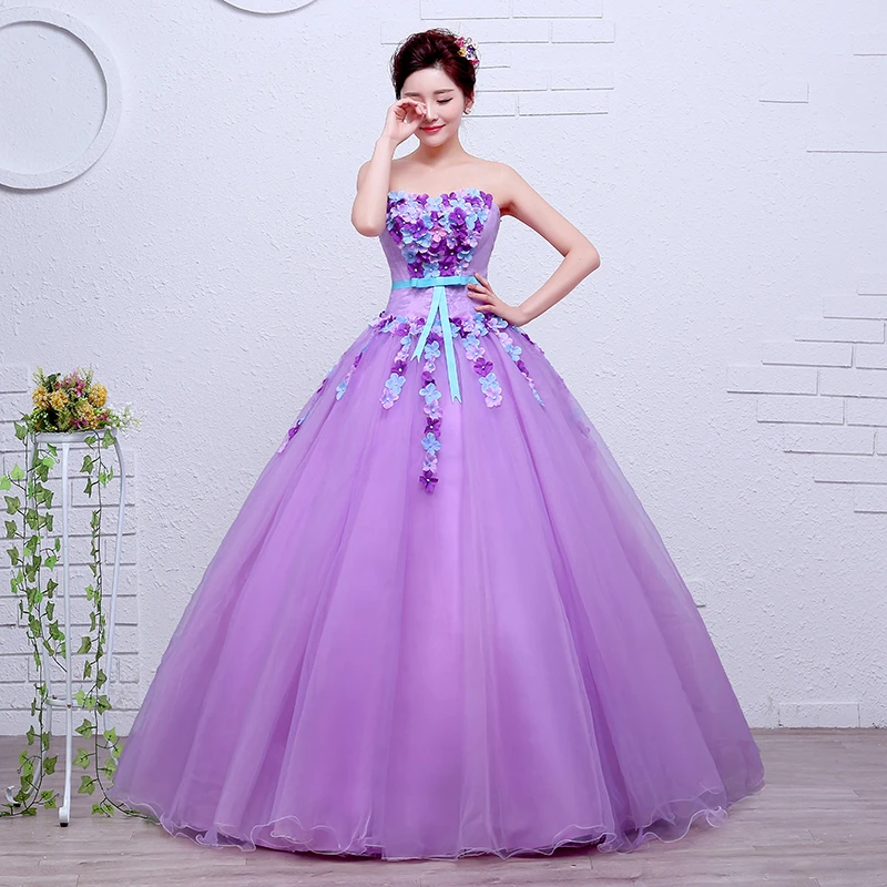 Velnosa органзы Фиолетовый Мода Цветы без бретелек свадебное платье корейский стиль принцессы дешевые кружева бальное Vestidos De Novia