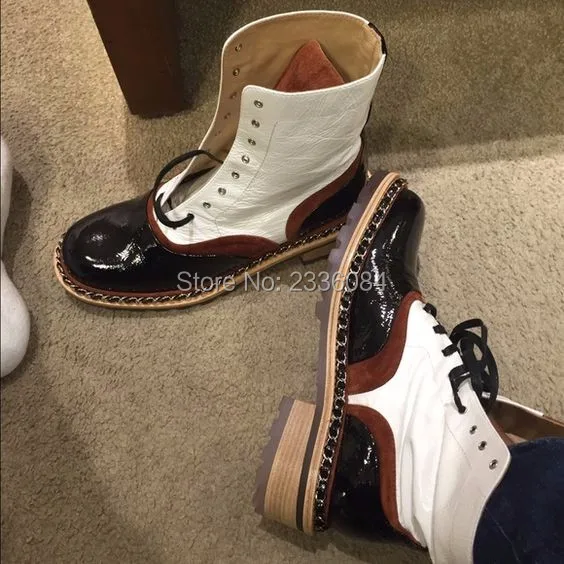 

Fashion 2018 Chain Boots Lace Up Leather Boots Patchwork Suede Chunky Heel Ankle Boots Cool Ladies Shoes Woman Hot Botas Mujer