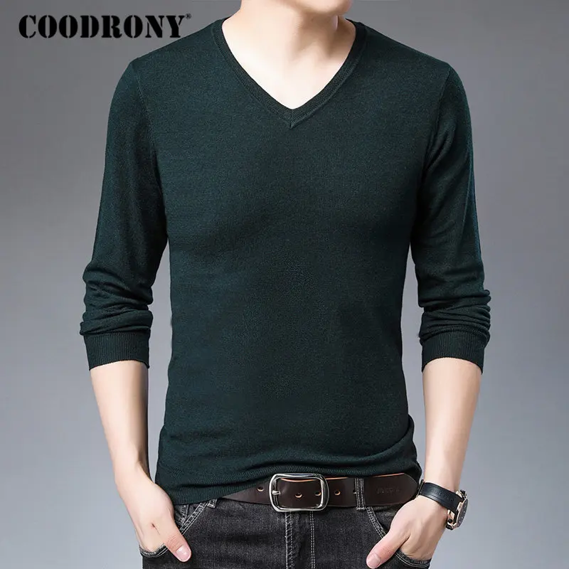 Бренд COODRONY, мужской свитер, Повседневный, v-образный вырез, Вязанная одежда, теплая хлопковая шерсть, пуловер для мужчин, Осень-зима, новинка, мужские свитера, 91037 - Цвет: Зеленый