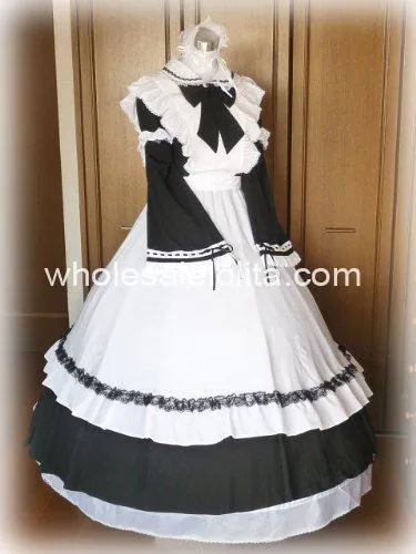 Длинное черно-белое готическое викторианское платье горничной