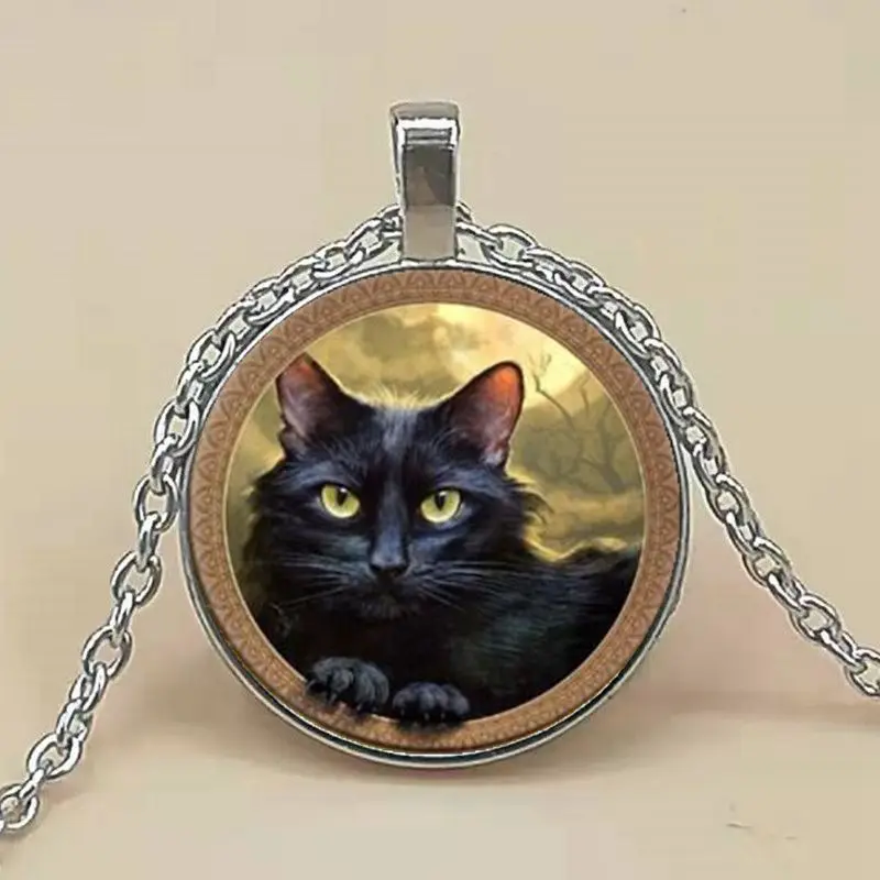 

Necklace Black Cat Photo Tibet Silver Cabochon Glass Pendant Chain Necklace