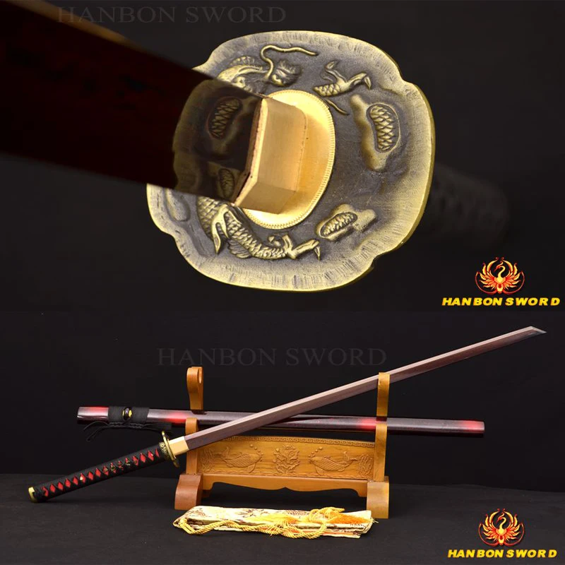 

FULL TANG Damascus Sword Folded Black&Red Japanese Samurai NINJA Oil Quenched KIRIHA-ZUKURI BLADE SHARP FULL HANDMADE