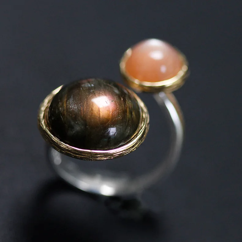 

CMAJOR Original 925 Sterling Silver Labradorite Moonstone Two Stone Open Ring Handmade Designer Fine Jewelry Wholesale