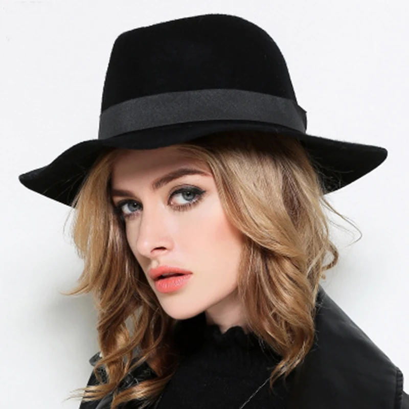 100 Wool Wide Brim Winter Autumn Floppy Felt Trilby Bowknot Fedora Hat