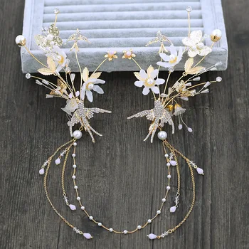 

Korean bridal headdress crystal swallow Pearl Tassel side decoration wedding hairgrips hairpin wedding hair jewelry
