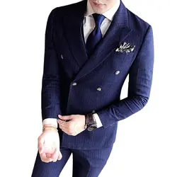3 шт. жених свадебное платье сценический формальный мужской полосатый костюм (куртка + жилет + брюки) двубортный деловой мужской синий костюм
