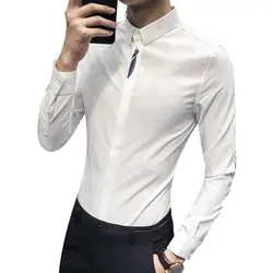 Новая модная брендовая мужская деловая рубашка с длинными рукавами и вышивкой, однотонная приталенная рубашка, качественная дизайнерская