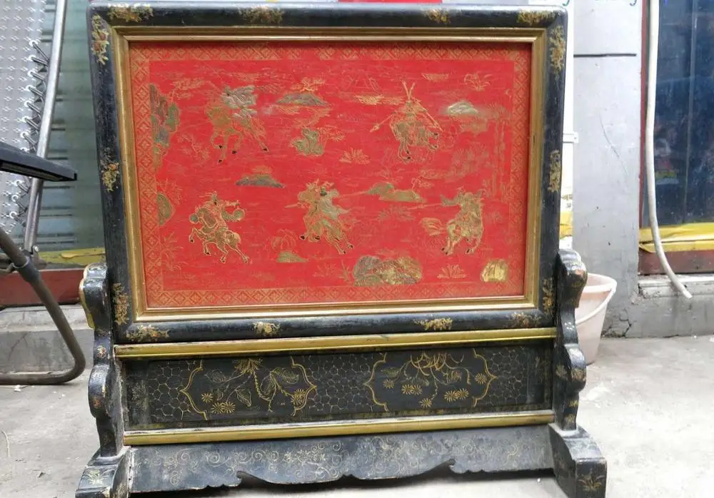 

30" China old wood lacquer sculpture handwork military officer screen Statue