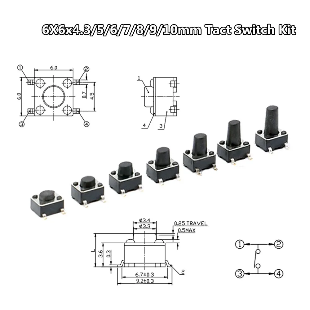 

70pcs/lot 7 Values 6X6x4.3/5/6/7/8/9/10mm Tact Switch Tactile Push Button Switch Kit Sets DIP 4P Micro Switch DIY Kit