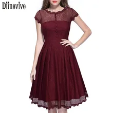 Vestidos Hot sale Summer Vintage Women Elegant O-Neck Short sleeve Lace A-Line Dress Black Wine Red Female Casual Dresses 386