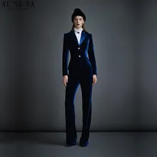 Dark Blue Velvet Women’s Business Suits Formal Office Pant Suits Female Work Wear 2 Piece Sets Slim Fit Uniform Designs Blazers