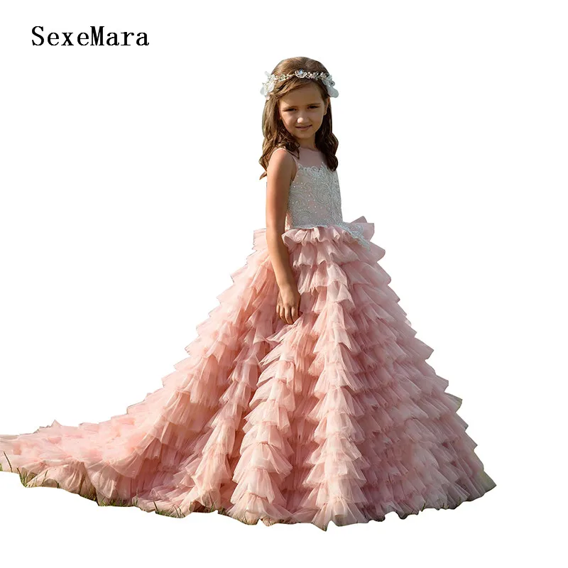 

A-Line Pink Flower Girl Dress For Wedding Layered Tulle Lace Appliques Kids Birthday Gown Pageant Dresses For Girls