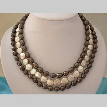 

Gorgeous Pearl Jewellery,3Rows 12mm Round White Coin,Black Rice Freshwater Pearls Necklace,Shell Clasp,Free Shipping