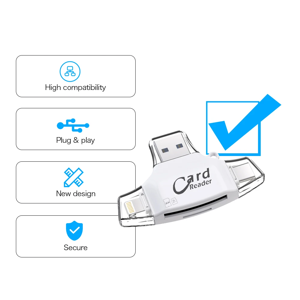 4 In 1 SD TF Card Reader iOS Type-C USB2.0 Android Multi-system Compatible Adapter Portable Card Reader For iPhone Samsung iPad