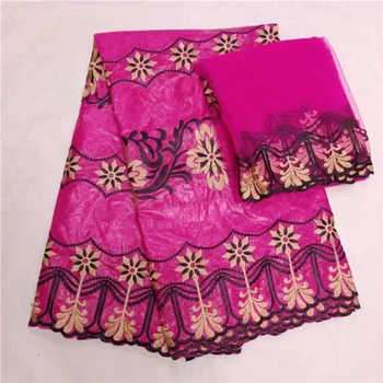 

Pretty fuchsia African bazin riche fabric with nice embroidery French net fabric for making dress set (5+2)OBN10