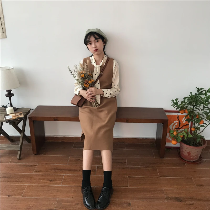 

2019 Women's Casual Dresses Ulzzang Japanese Kawaii Lady Square Collar Woolen Vest Female Cute Korean Harajuku Clothes For Women
