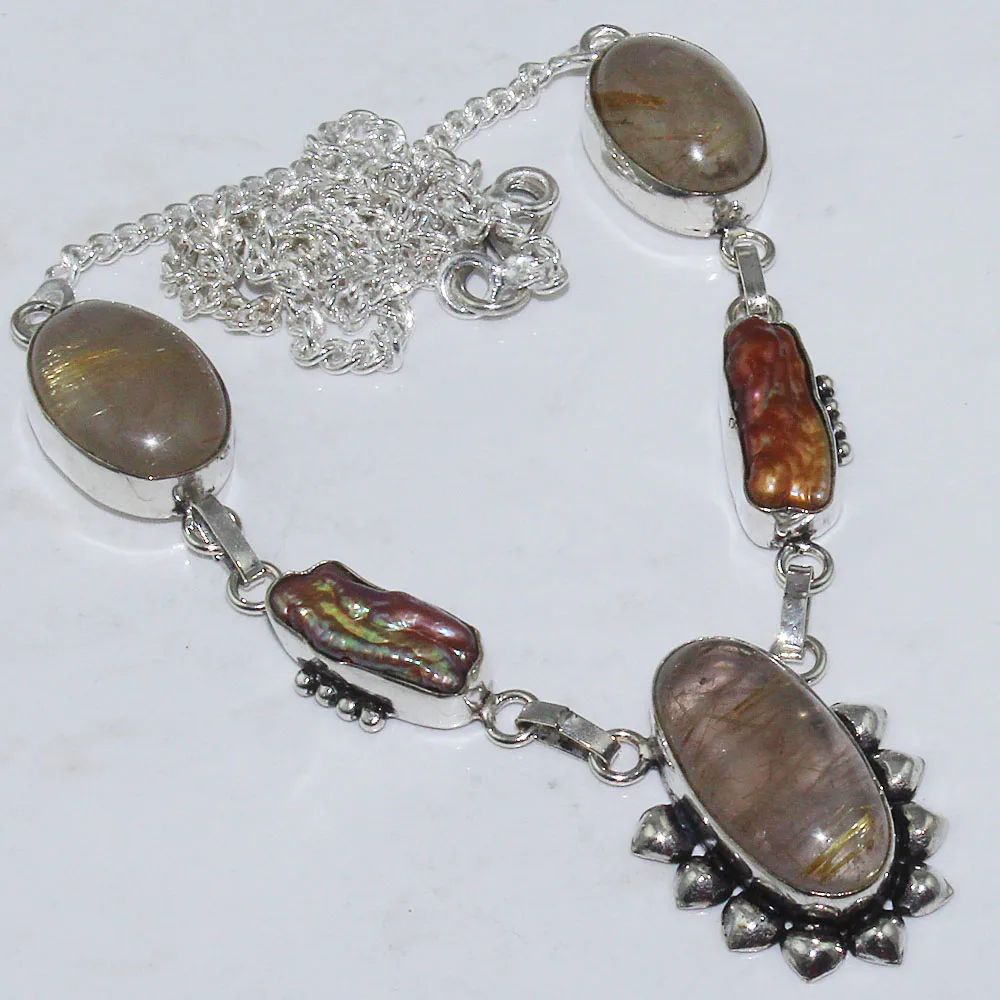 

Golden Rutiles & Biwa Pearls Necklace Silver Overlay over Copper , 48.7cm, N1526
