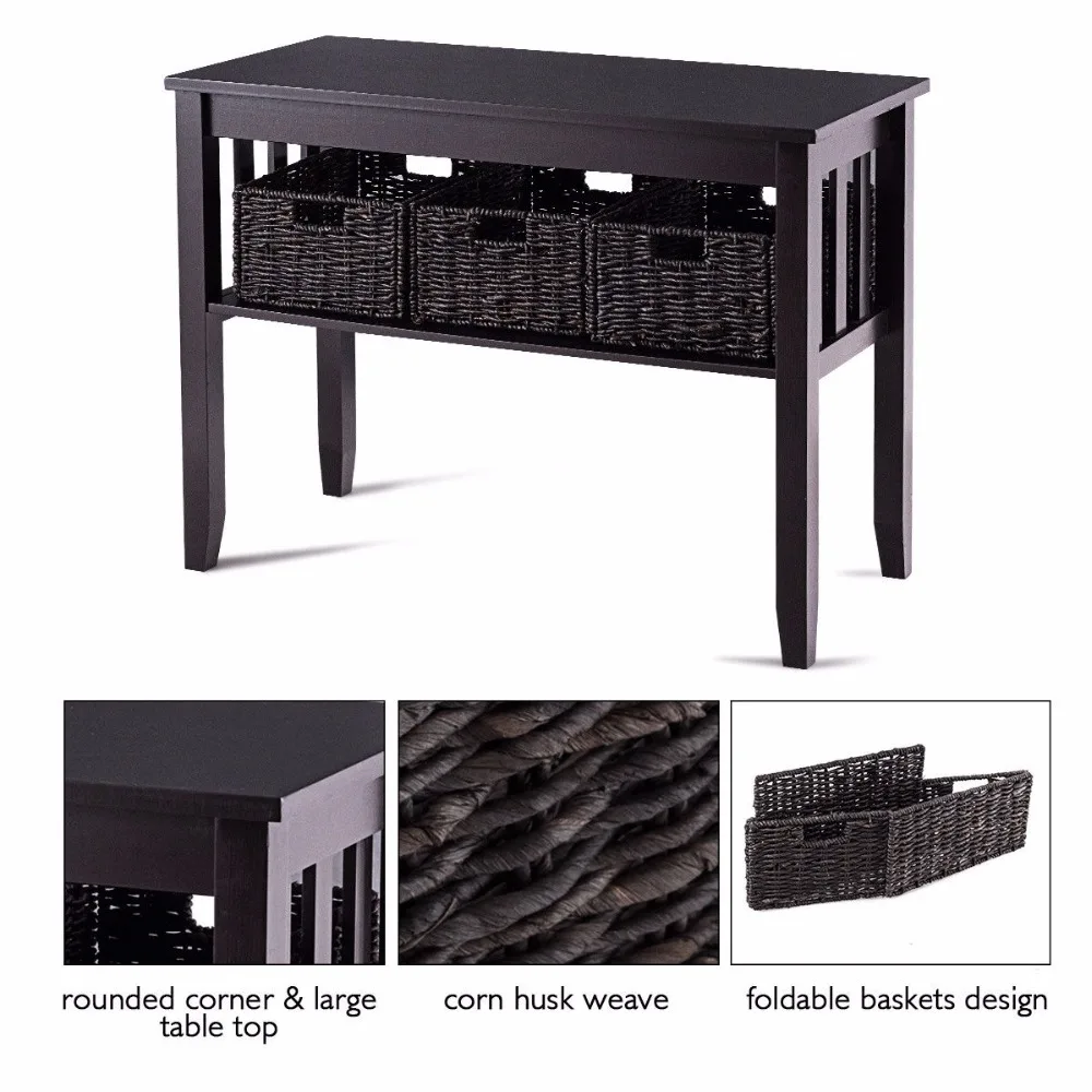 Giantex Wooden Rectangle Side Storage End Table Home Office Furniture 3 Foldable Baskets Home Furniture HW54677