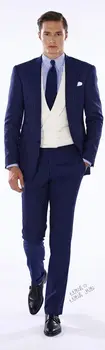 

Men's three-piece latest jacket design navy vertical stripes men's dance party set double-breasted Slim 3 piece suit custom