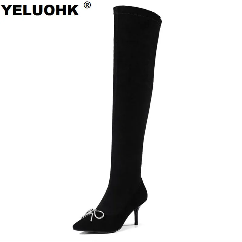 

Low Heel Pointed Toe Boots Butterfly Over The Knee Boots Kid Suede Female Winter Boots Women High Heels Shoes For Woman Winter