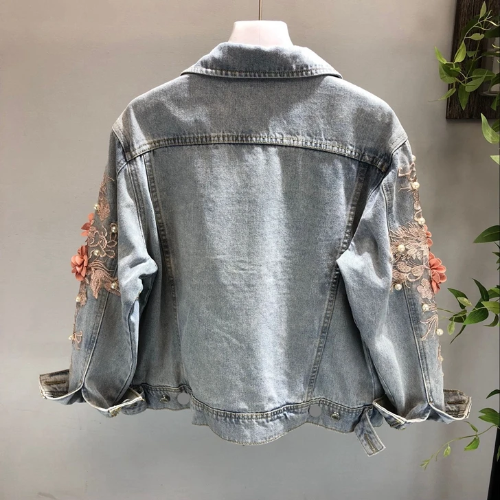 discount 2019 Denim Jacket Women Embroidery Three Dimensional Flowers Pearl Bead Short Denim Coat Woman Jean