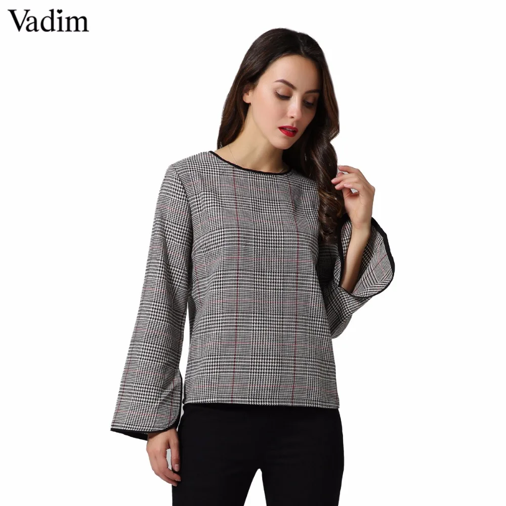 

Vadim women elegant plaid shirt houndstooth split sleeve o neck loose blouse vintage autumn fashion casual tops blusas LT2201