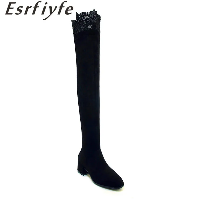 

ESRFIYFE 2019.new Slim Boots Sexy Over The Knee Boots Flock Thick Heel Women Boots Fashion Winter Zipper Bud Silk Shoes Woman