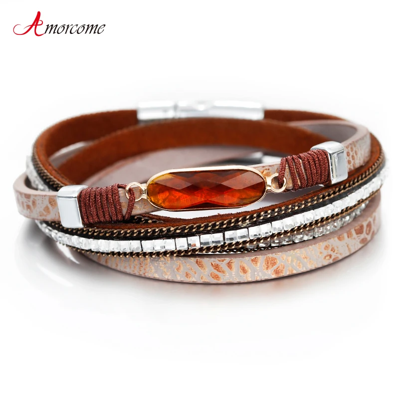

Amorcome Glass Charm Women Leather Bracelets & Bangle Jewelry Fashion Ladies Mulitlayer Wrap Bracelet Female Girlfriend Gift