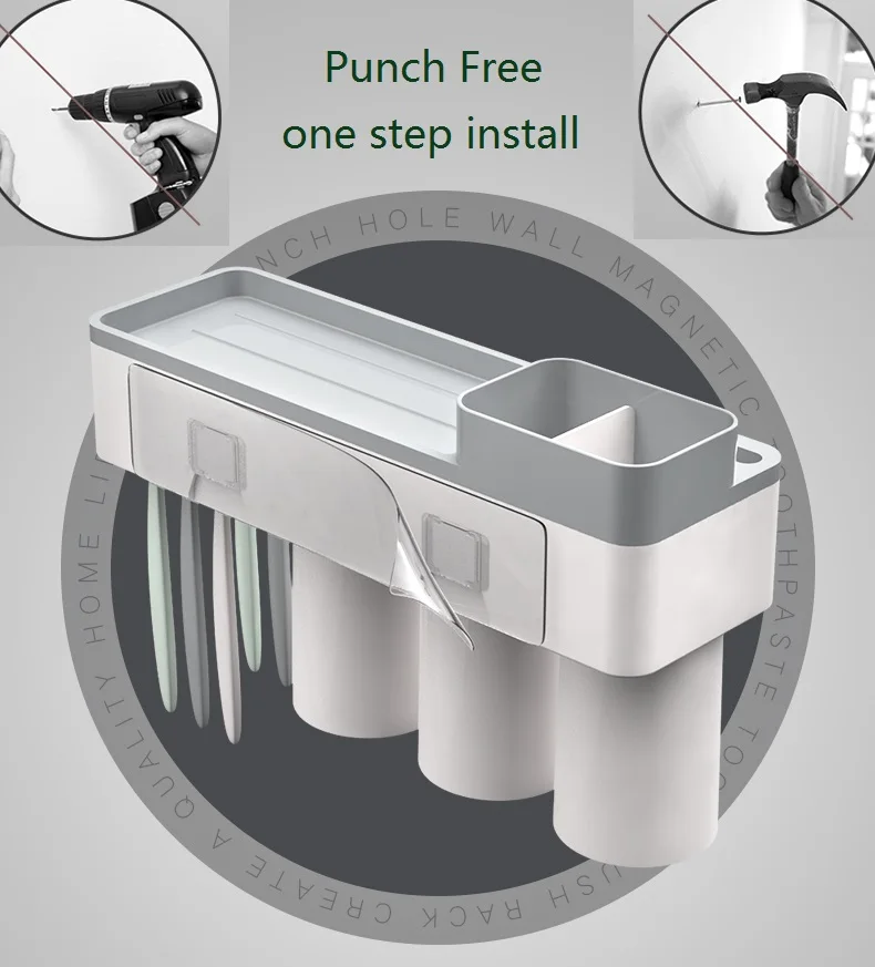 Магнитный держатель для зубных щеток с соковыжималкой для зубной пасты с чашками для 2/3 человек в ванной комнате, стойка для хранения, крепление для ногтей