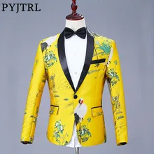 PYJTRL Мужская мода шаль нагрудные жаккардовые красно-коронованный кран Блейзер Золотые желтые вечерние костюмы певцов Свадебный Жених костюм куртка