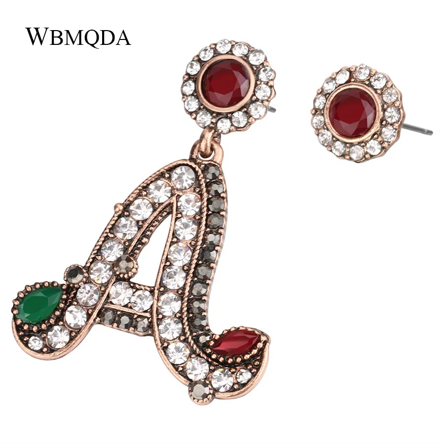 Personalized Letter A Statement Drop Earrings Rhinestone Gold Round