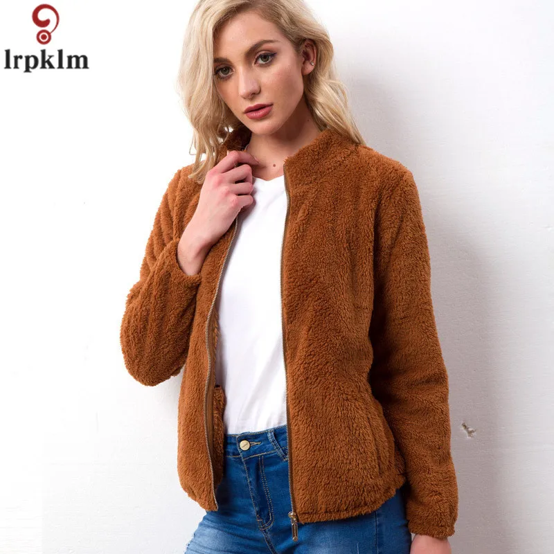 Autumn And Winter Women's Jacket 2018 New Coat Imitation Alpaca Long-Sleeved Stand Collar Pocket Plush Short Coat AS061 (2)