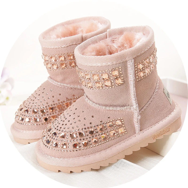 2017 Winter new children snow boots reihnstone kids genuine leather boots warm shoes with fur princess