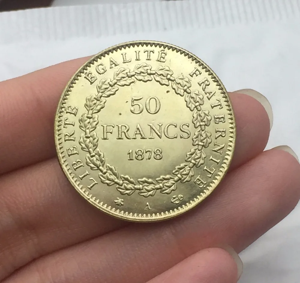 

France 1878 A REPUBLIQUE FRANCAISE 50 FRANCS LIBERTE EGALITE F RATERNITE Gold Coin Brass Metal Copy Coin