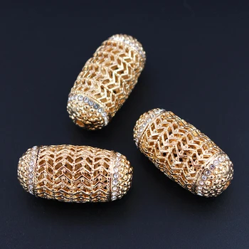

Metal Spacer Beads Rhinestone CZ Long Barrel Hollow Pattern Hole Size 2mm Charm Beads for DIY Fashion European Jewelry Making