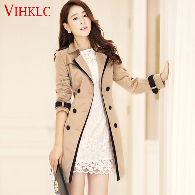 

Women Trench Coat Spring Autumn Korean Slim Double-Breasted Coat Pure color Female Retro Casual Coat Plus Size 3XL A339