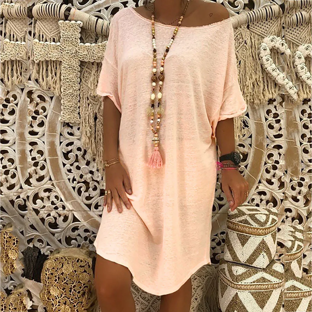 

sundress Women Solid vestidos verano Above Knee Dress Sleeve Loose Party Mini Dress strand jurkjes summer clothes for women