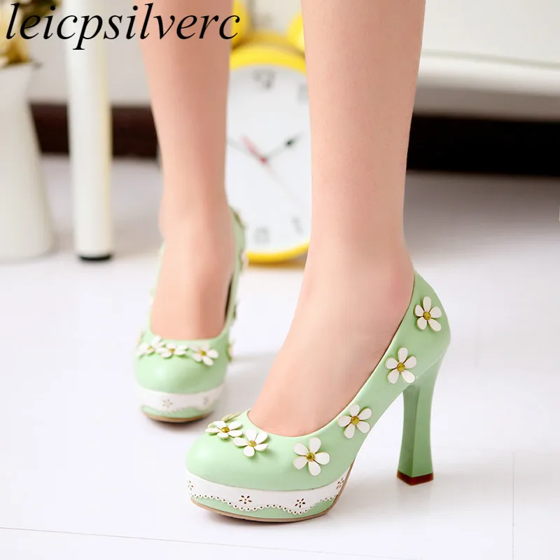 

Women Pumps Shoes Super High Heels Sexy New Fashion Square Heel Platform 2018 Spring Autumn Pu Flower Party Shoes Black Pink