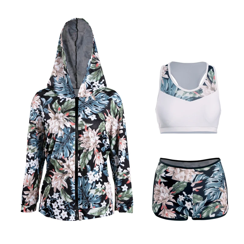 

Hot Sport Girls Sexy Bikini Swimwear Floral 3 in 1 Set Women Swimsuit with Hoodies Lady Fitness Beach Wear Cute Bathing Suit