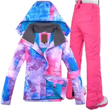 Gsou зимняя женская лыжная куртка+ брюки Водонепроницаемая бейсболка для походов с защитной сеткой, одежда для катания на лыжах, сноуборде, супер теплый костюм, комплект женского пальто