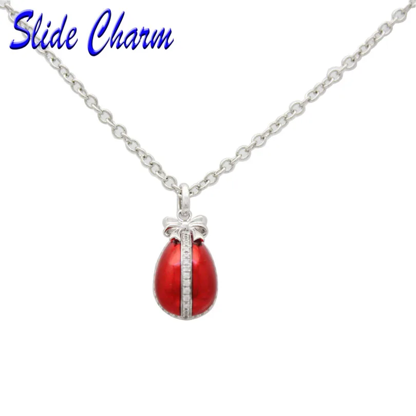 

Easter handmade jewelry white Rhinestone red enamel egg pendant with Russia 43.5cm + 2.5 necklace for Valentine's Day gift