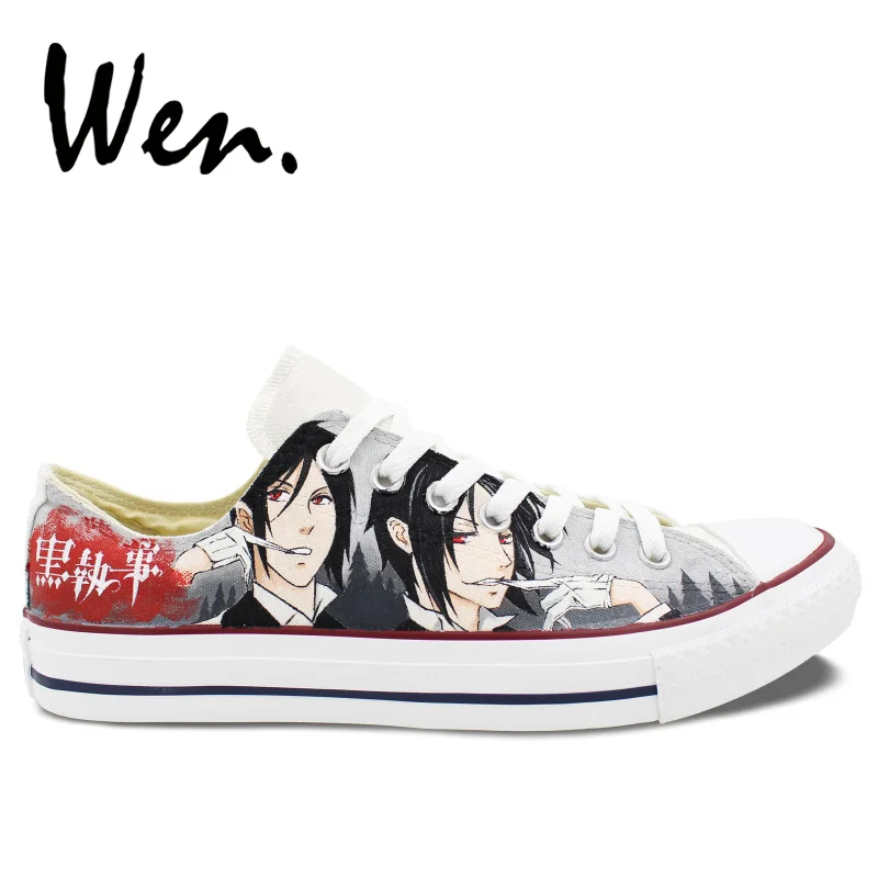 

Wen Hand Painted Shoes Anime Black Butler Custom Design Unisex Casual Shoes Low Top White Men Women's Canvas Shoes Plimsolls