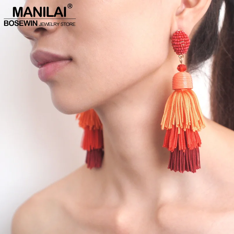 MANILAI Bohemia 3 Layered Cotton Tassel Earrings Fashion Jewelry Multicolor Statement Fringe Long Dangle Earrings For Women