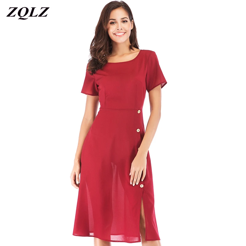 

Zqlz Summer Chiffon Dress Women O Neck Short Sleeve Plus Size Solid Knee-length Dress Fashion Casual Sexy Club Party Dresses