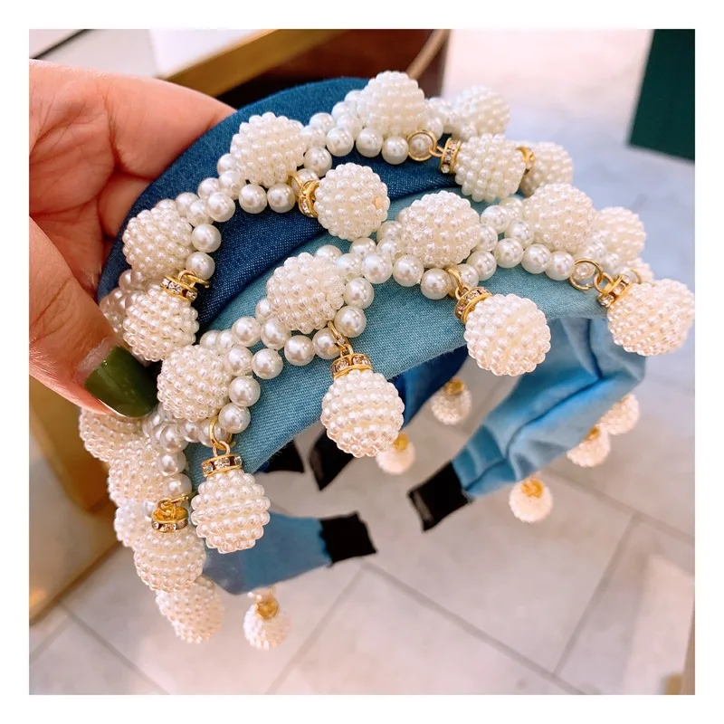 Luxury Denim Wide Pearl Headbands Baroque Ball Pendant Crown Blue Turban Party Show Hairbands Gifts for Women