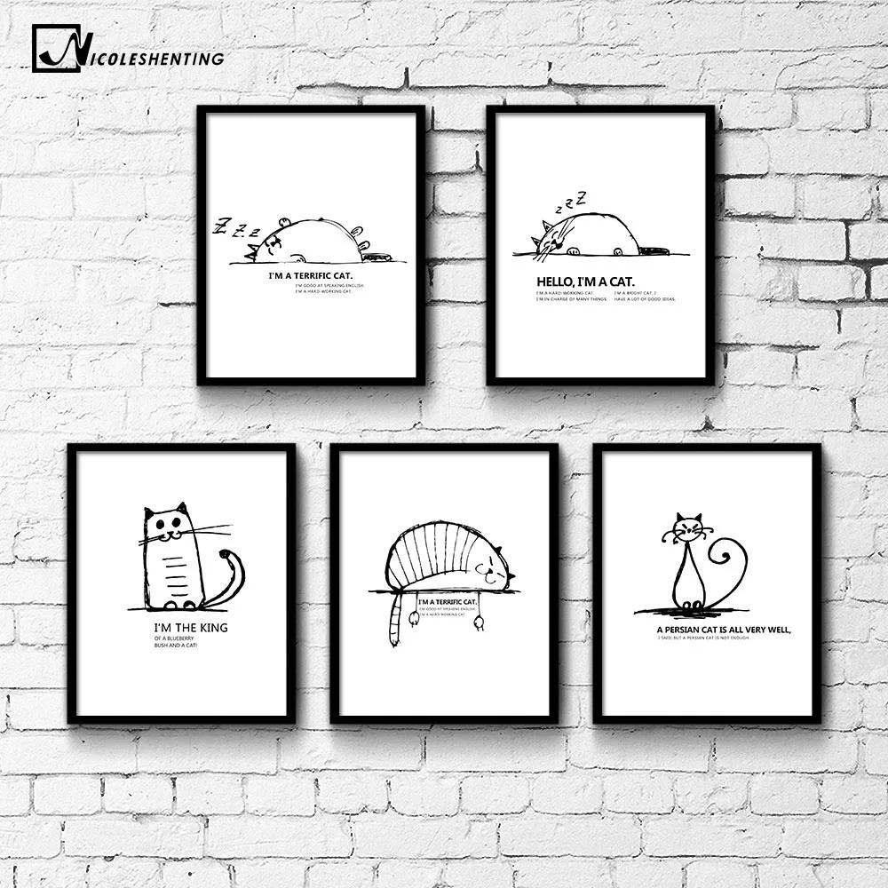 

NICOLESHENTING Cartoon Lazy Cat Minimalist Art Canvas Nursery Poster Painting Funny Wall Picture Home Children Room Decoration
