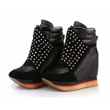 Новинка; модные стразы; круглый носок; двойная молния; повседневная обувь на платформе; Танкетка; Высокий каблук; ботильоны; обувь, увеличивающая рост