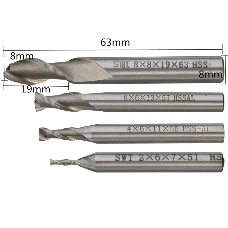 2mm-8mm 2-Flute HSS & Aluminium End Milling Cutter CNC Bit Mills Engraving Tools 