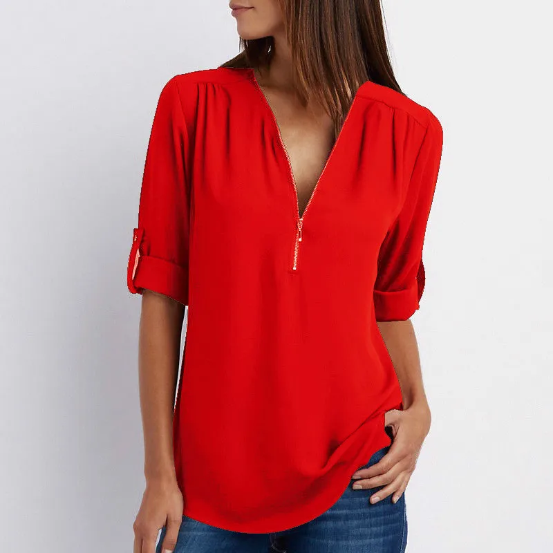 

V-neck zipper large size women's long-sleeved sleeved loose chiffon shirt/Sexy v-neck elegant shirt for women/16 color