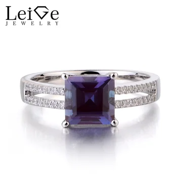 

Leige Jewelry Lab Alexandrite Solid 925 Sterling Silver Ring Color Changing Gemstone June Birthstone Princess Cut Promise Rings